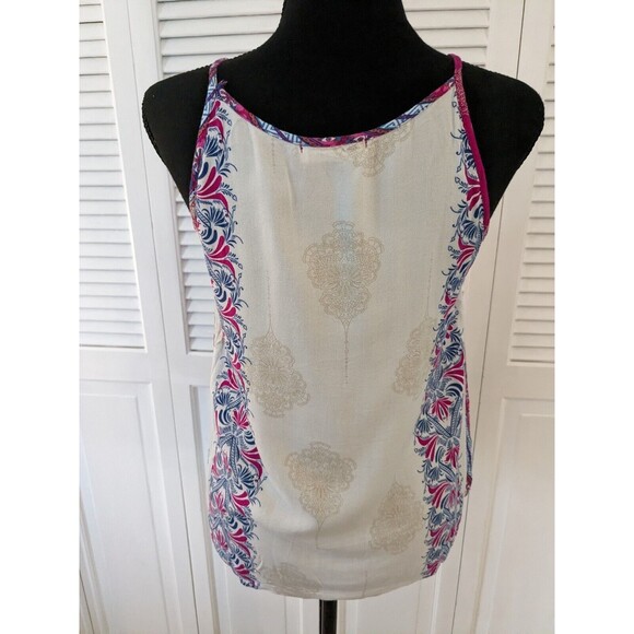 Renee C Women's sz S Rayon Camisole Pink Cream Blue Medallion Print Halter Style - Picture 2 of 12